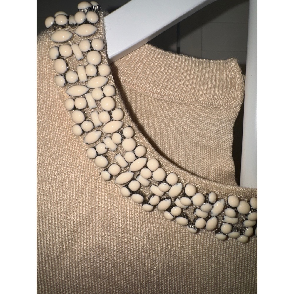 Marled Knit Top Women Beige Beaded Neckline Short Sleeve Keyhole Back Size M - Picture 2 of 5
